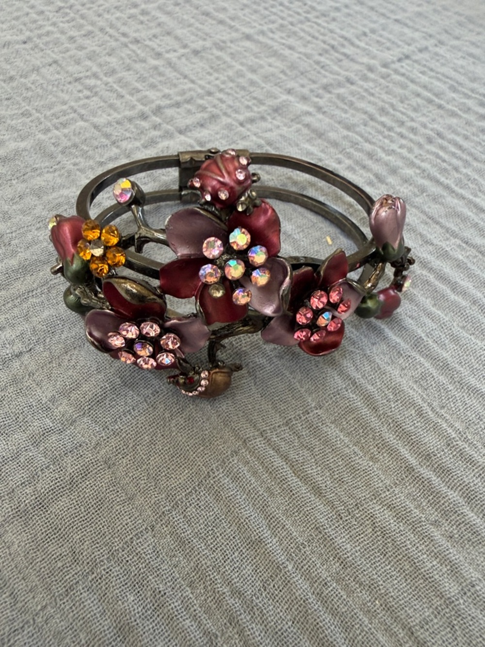 Vintage-Inspired Pink Floral Crystal Cuff Bracelet